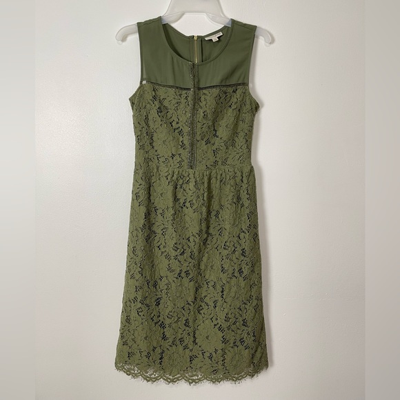 Maison Jules Fit &Flare Lace Sleeveless Eyelashes Hem Line  Burnt Olive Green 0 - Picture 4 of 11